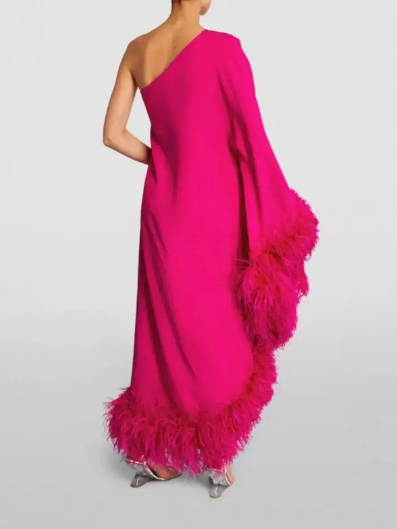 SpringSummer Womens Feather One Shoulder Large Swing Evening Dress 250321