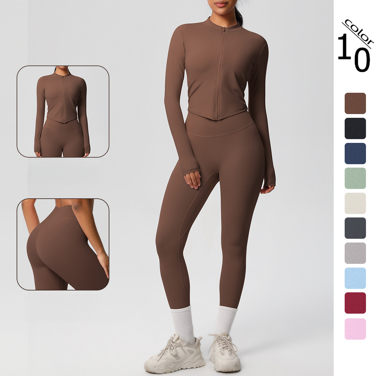 tracksuit Solid color double-sided brushed nude jacket long sleeved tight running fitness yoga suit two-piece set leggings