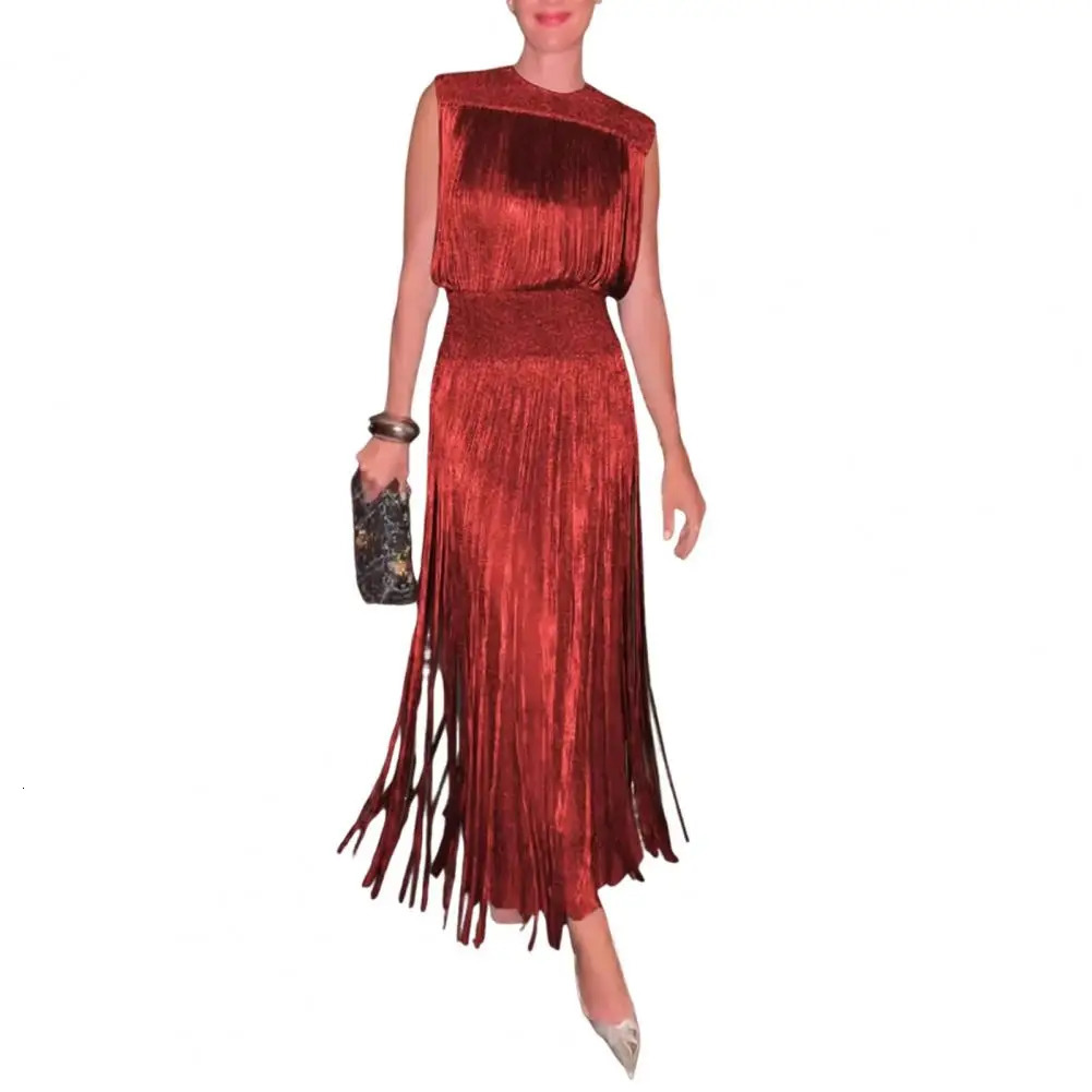 Womens round neck dress sexy Bodycon Maxi Prom with tassel details evening party womens wear 250320