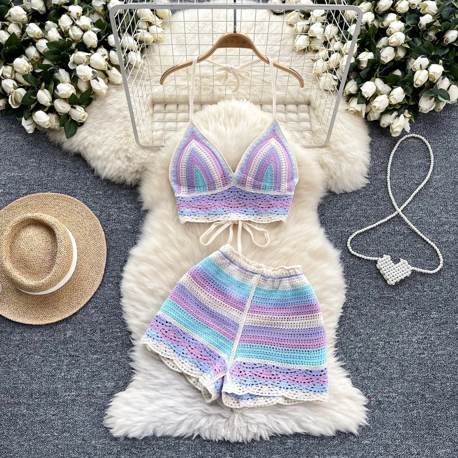 2025 Beach Vacation Knitted Womens Co ord Set Crochet Sleeveless Lace Vest and Shorts 2piece Summer 250322