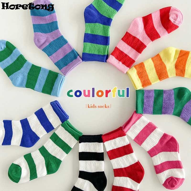 Horetong 3 pairs/batch summer childrens socks 1-12 years old for boys and girls baby cotton fashion breathable stripes contrasting color socks X250322