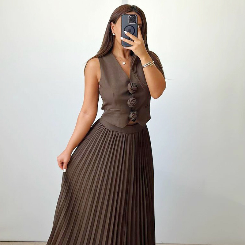 Summer Elegant Women Two Piece Skirt Set Sexy Y2K Sleeveless Floral Vest Top Shirt High Waist Pleated Maxi Skirt Suit Outfits 230606