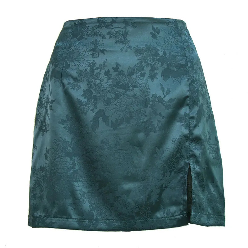 Elegant Jacquard Satin Short Skirt Sexy High Waist Split Floral embroidery Mini Skirt Vintage Party Beach Skirt Streetwear 250322