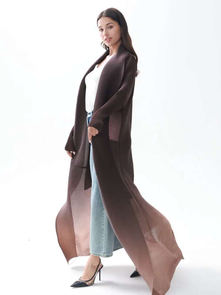 Miyake Pleated Gradient Turndown Collar Lantern Sleeve Jacket Women 2024 New Original Designer Abaya Fashion Long Coats
