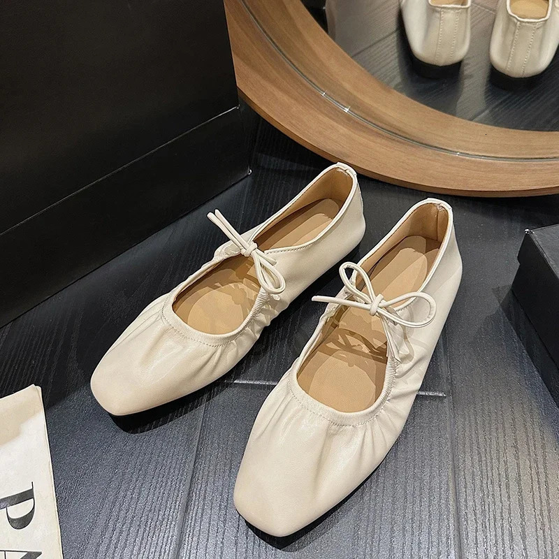 Women Flat Shoes Genuine Leather Sheepskin Comfort Flats Slip On Silver Beige Simple Shoes Spring Autumn Soft Loafers Square Toe 250322