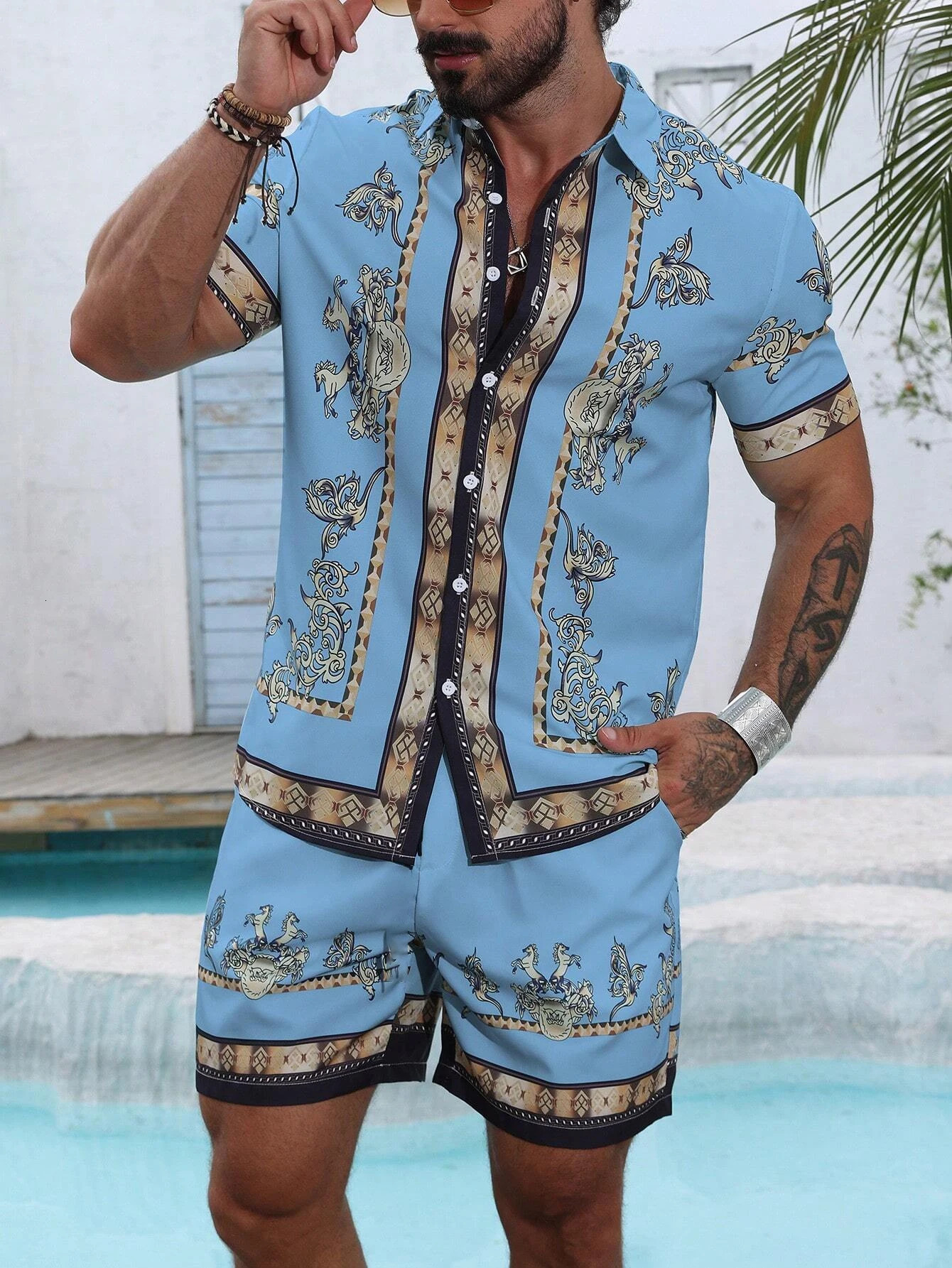 Baroque y Printed Mens Shirt Shorts 2 Piece Set Summer Casual Hawaiian Beach Shortsleeved Suits Clothing 250321