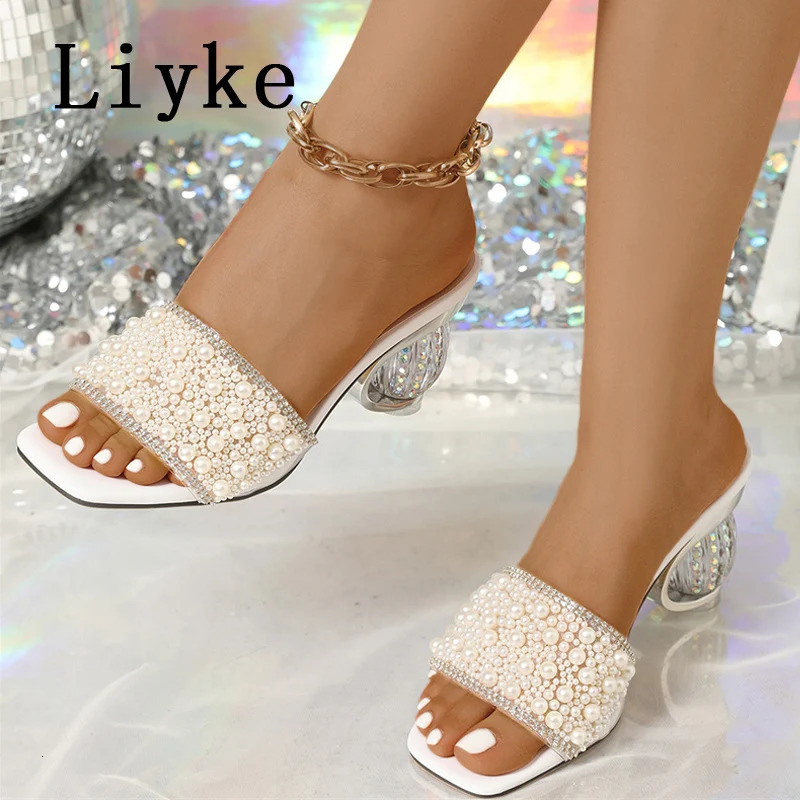 Liyke Size 36-42 Women Summer Party Slippers Fashion White Pearl Sandals Female Shoes Strange High Heels Mules Slides 250321