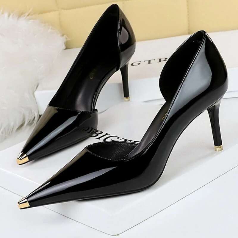 BIGTREE Black Patent Leather High Metal Pointed Pumps Sexy Party Shoes Stilettos Women 7 Cm 10.5cm Heels