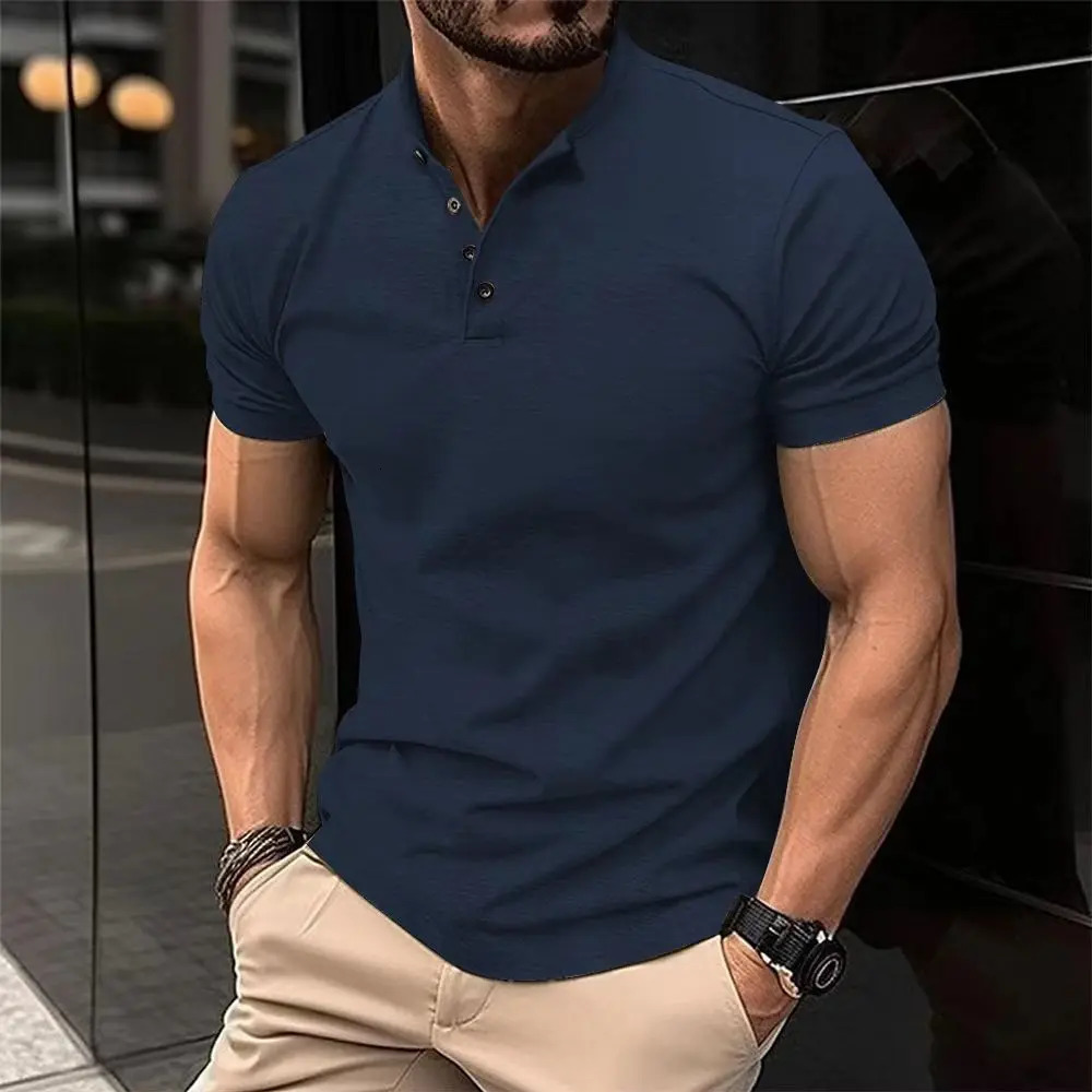 Trend Fashion Men Clothing Polo Shirts Summer Stand Collar Solid Button Smart Casual All-match Short Sleeve Slim T-shirt Top 250321