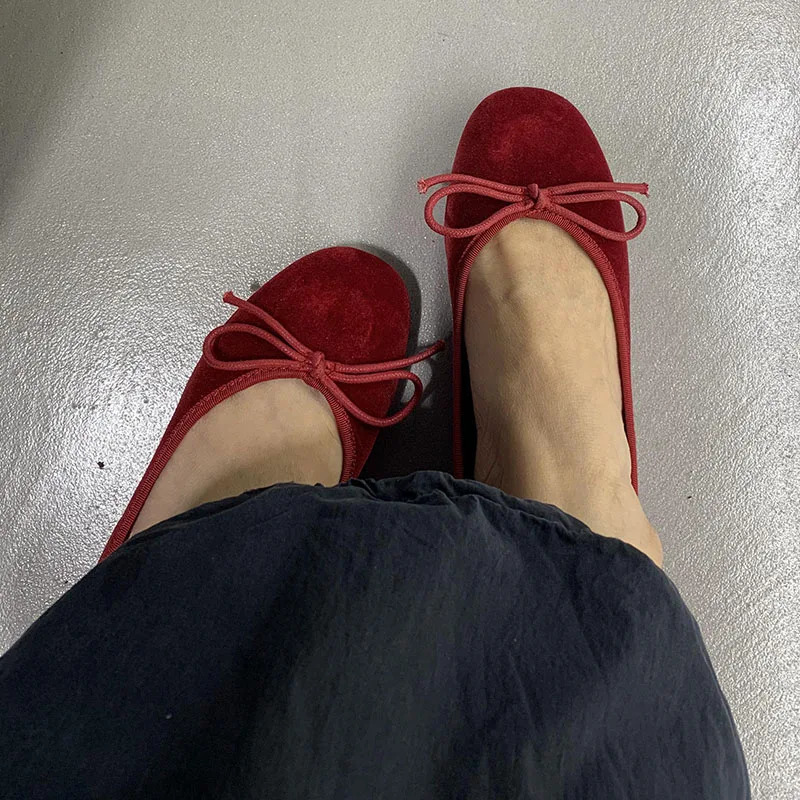 Red Fashion Silk Footwear Women Ballet Flats Shoes Shallow Female Round Toe Butterfly-Knot Ladies Flats Slides Shoes 250322