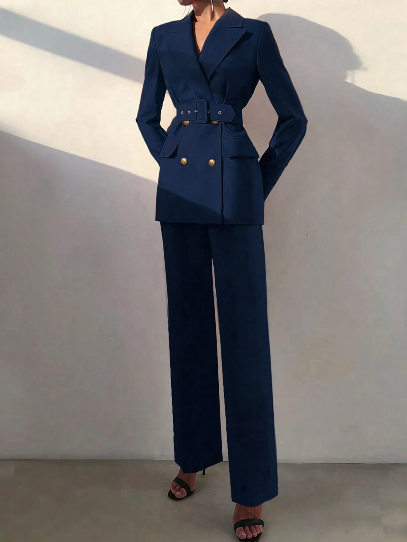 Womens 2piece waist belt double chest jacket and elastic straight leg pants set office wear business casual 250321