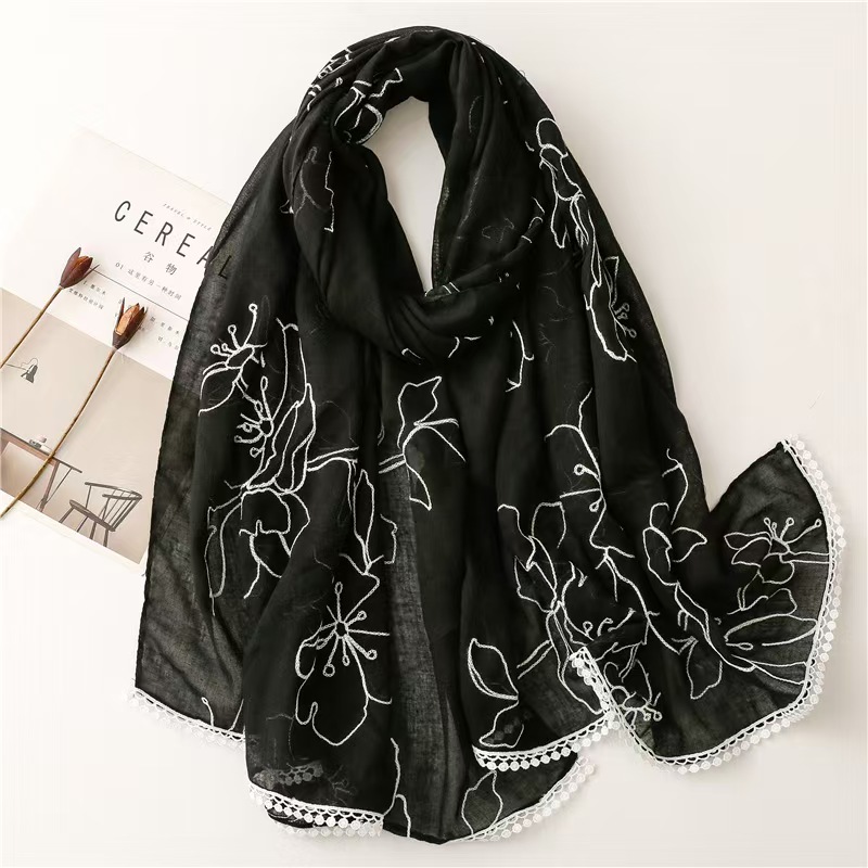 T332 embroidered lace cotton and linen scarf solid color silk scarf embroidered versatile shawl female long autumn and winter warm thin gauze scarf