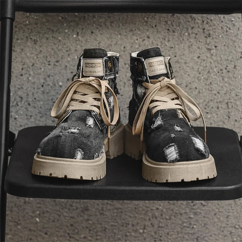 denim lace mens boots walking travel boots Japanese style apartment platform ankle boots mens shoes casual dress 250318