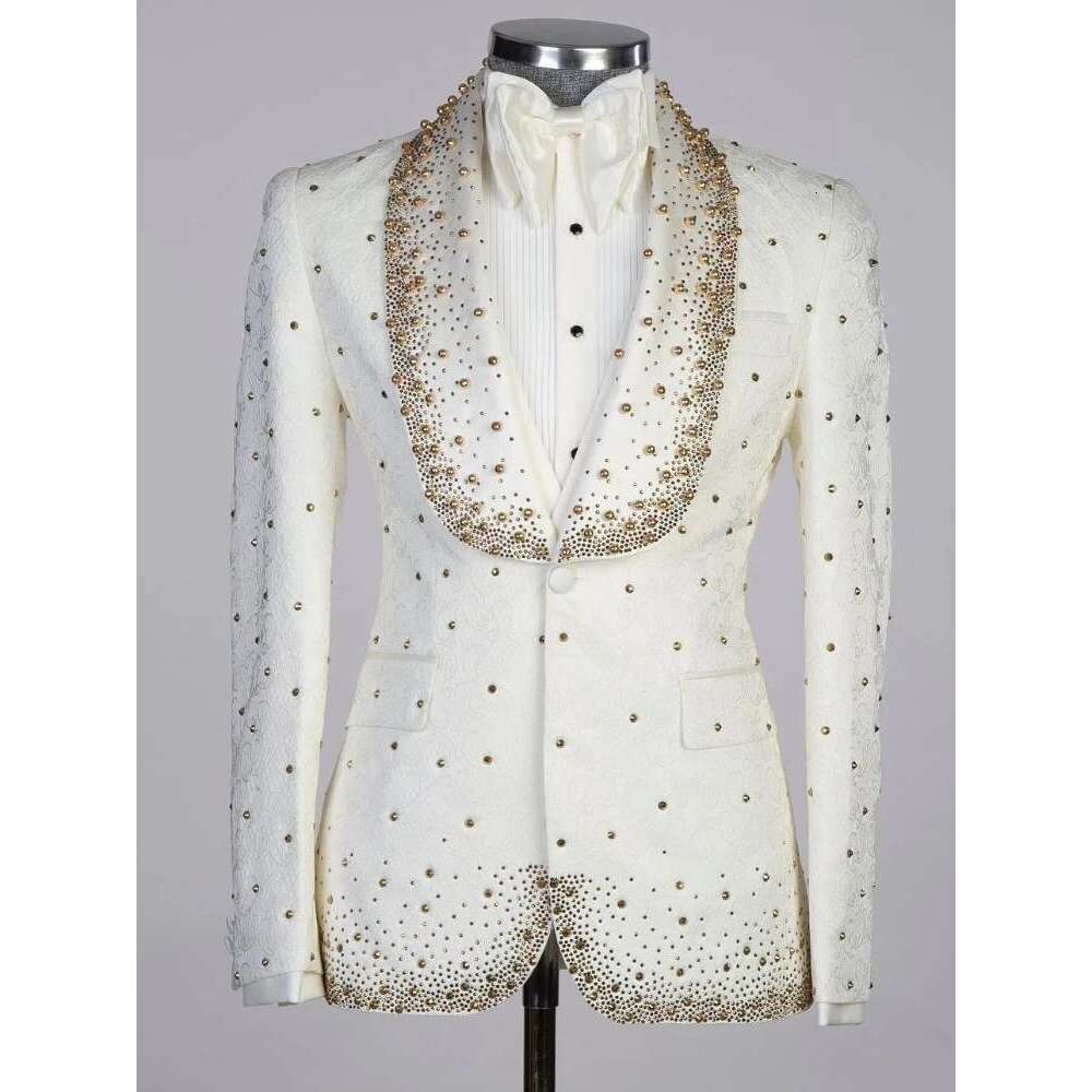 2 Pieces Blazer Vest Men Suits Tuxedo Appliques One Button Wide Lapel Formal Dias Beads Party Wedding Plus Size Tailored