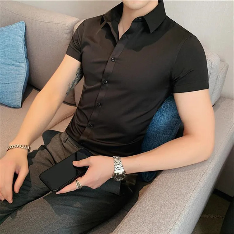 Summer Men Fashion Casual Short Sleeve Solid Shirt Super Slim Fit Male Social Business Dress Shirt Men Casual Dress Blouse 250321