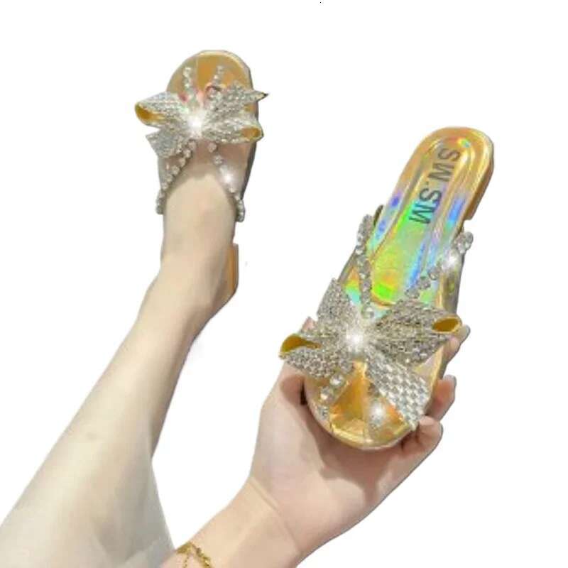 Bow Crystal Women's Slippers 2025 New Fashion Flat Shoes Sandals Elegant Formal Shoes Designer Women's Summer Slippers Women's Outdoor 