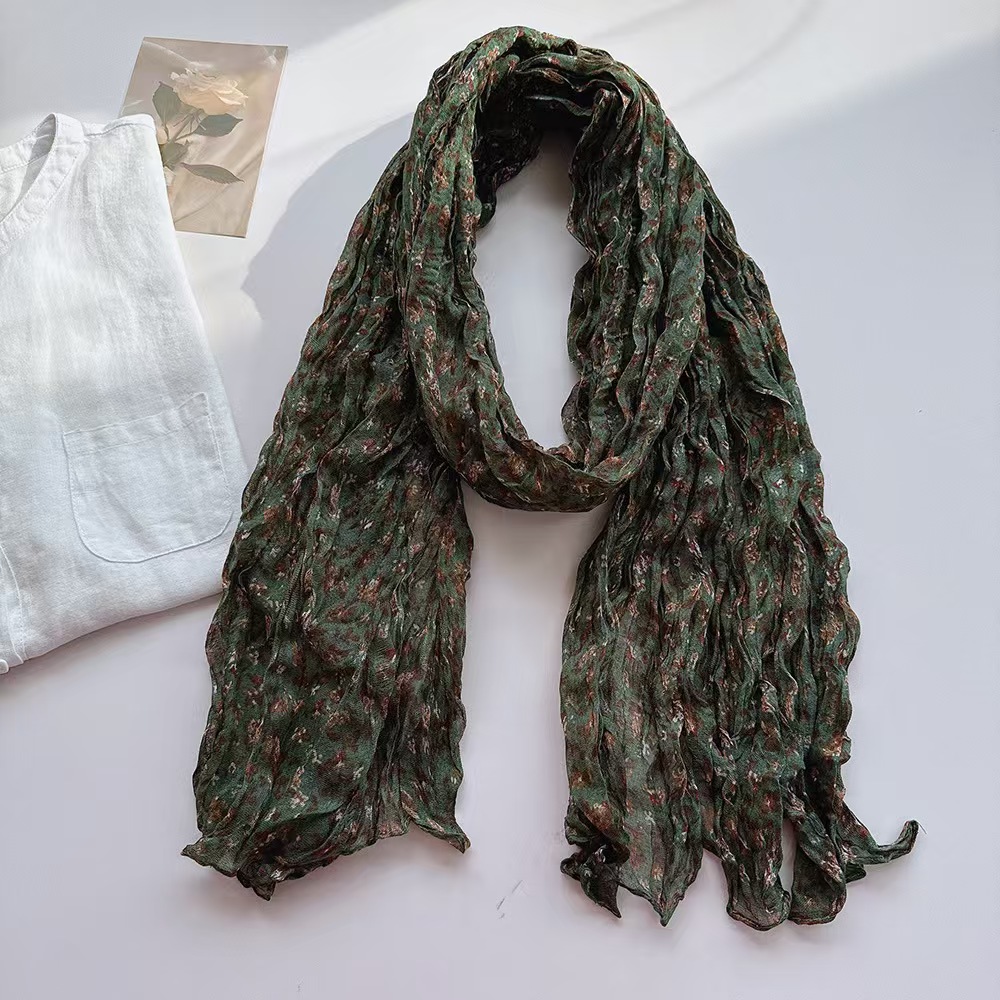 T336 Artistic Pleated Floral Cotton and Linen Scarf Women's Four Seasons Soft Retro All-match Warm Shawl Neck Scarf