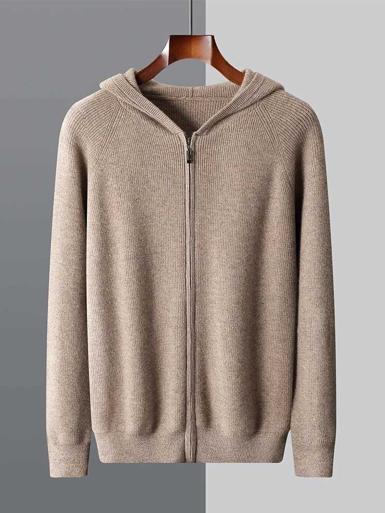 Luxury Men 00% Merino Wool Hooped Cardigan Autumn Winter Thick Warm Cashmere Sweater Casual Zipper Hoodie Male Soft Coat Top W250322