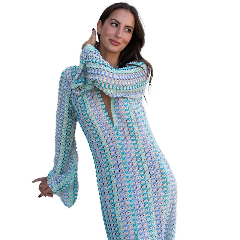 Crochet colorful striped sparkling sleeves Maxi dress Vneck high splicing sexy lace long 2024 beach party vest 250318