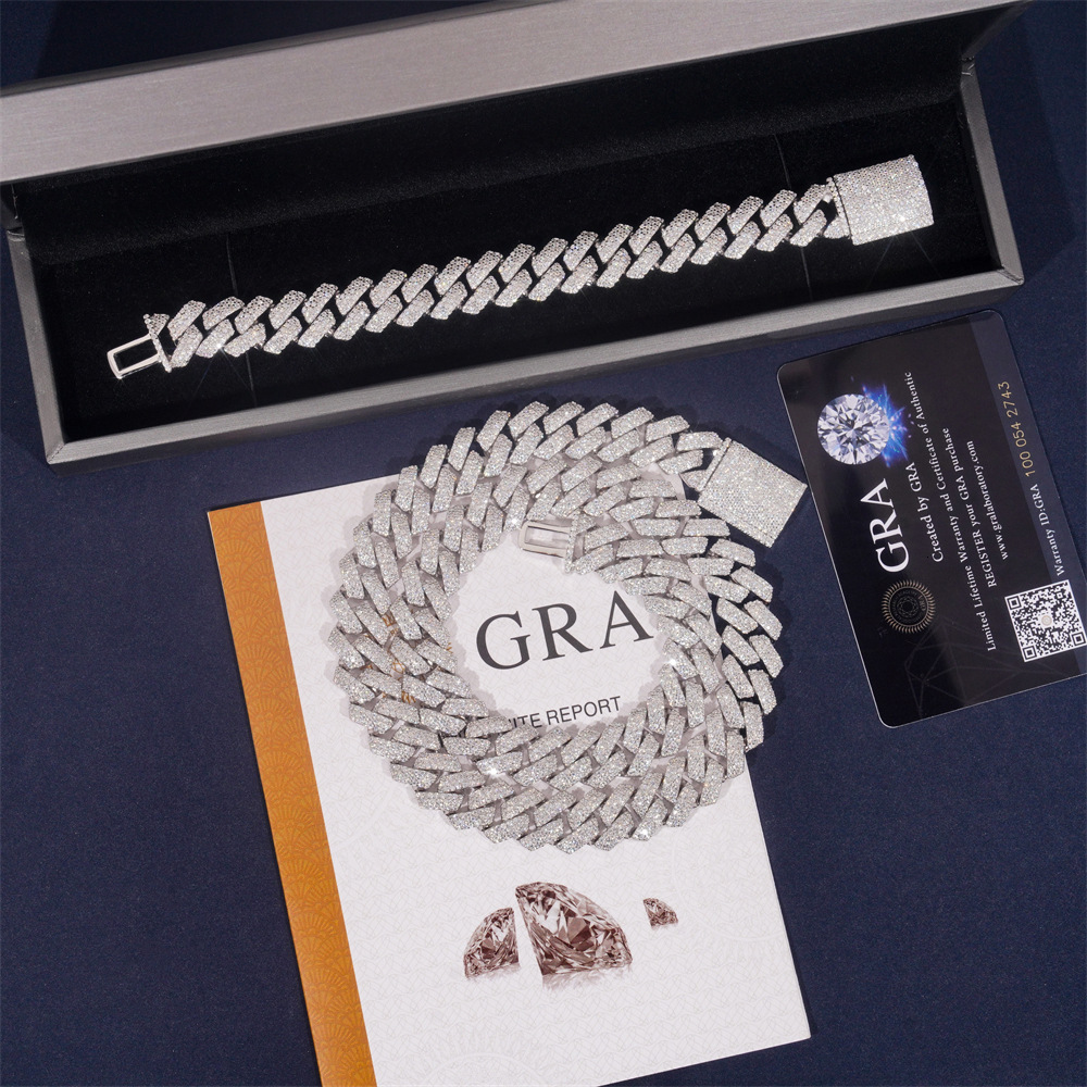 Popular 14mm Cuban necklace 925 silver vvs three row moissani mens and womens hip-hop jewelry