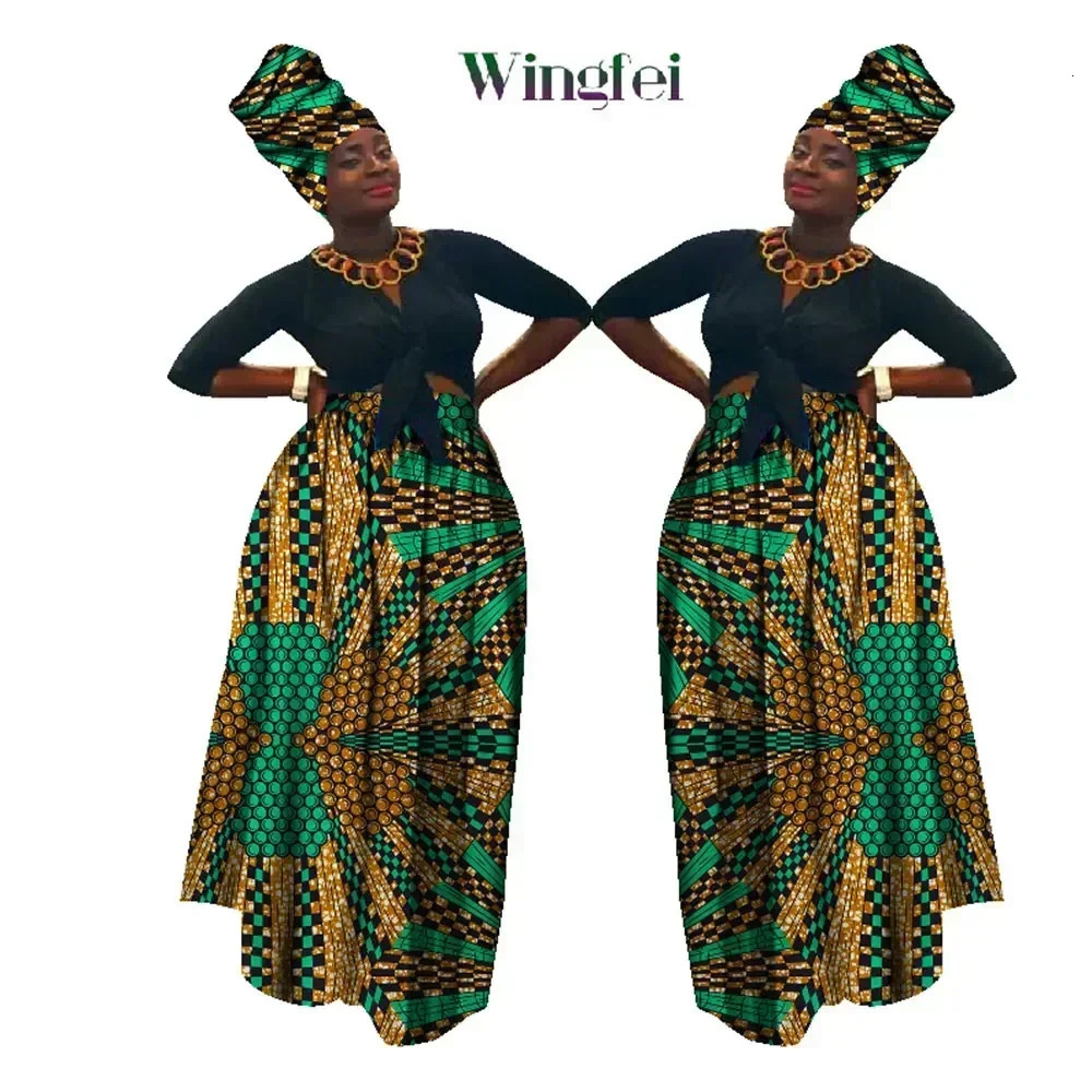 Dashiki African High Waist Ball Grown Skirt Bazin Riche African Skirt and African Headscarf 2 Pieces Lady Maxi Long Skirt WY1270 250322