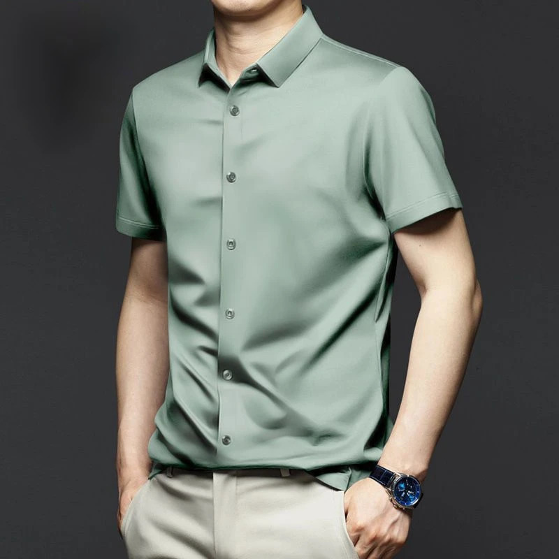 Spring Summer Mens Shirt Non-Ironing Anti-Wrinkle Business Casual Solid Color Smooth Business Short Sleeves Work Shirt 5XL 250417