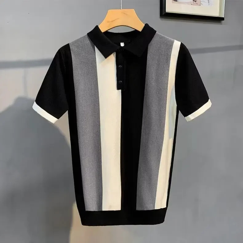 Summer Mens Polo Shirt Korean Edition Retro Stripe Unique Zipper Half Sleeve Ice Silk Knitted Top Casual Tshirt 250312