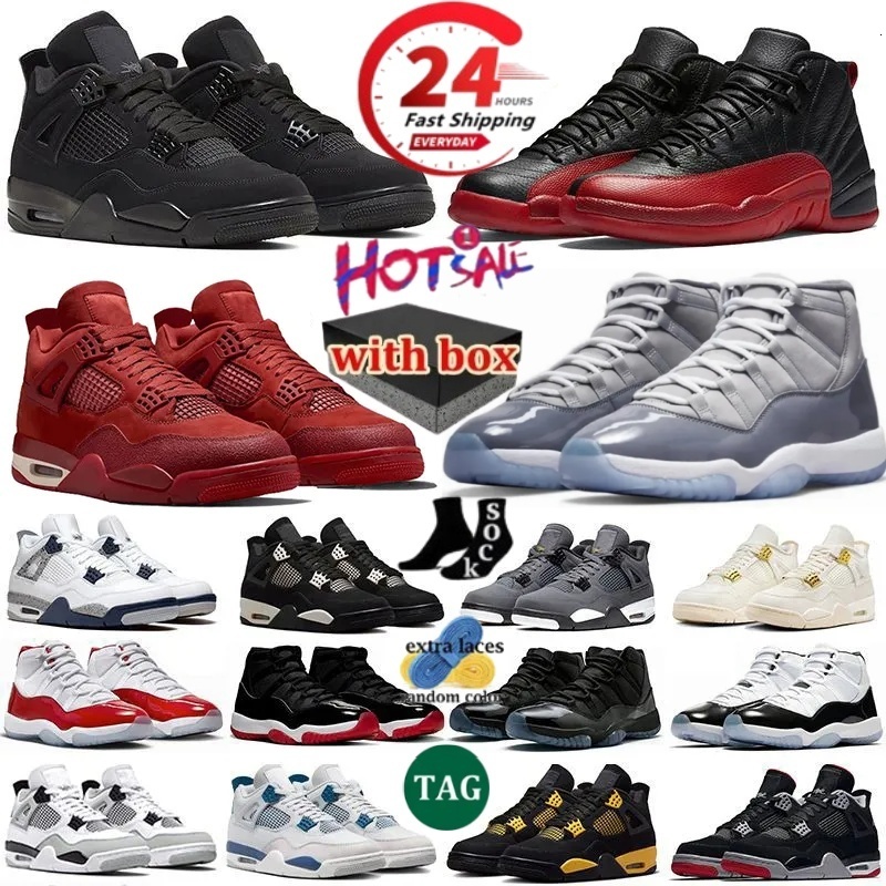 With Box Basketball Shoes 4s Black Cat smoke grey 11s Blueberry 12s flu game Designer white thunder Navy Bred Gym Red green UNC Men Women Trainers sports shoes