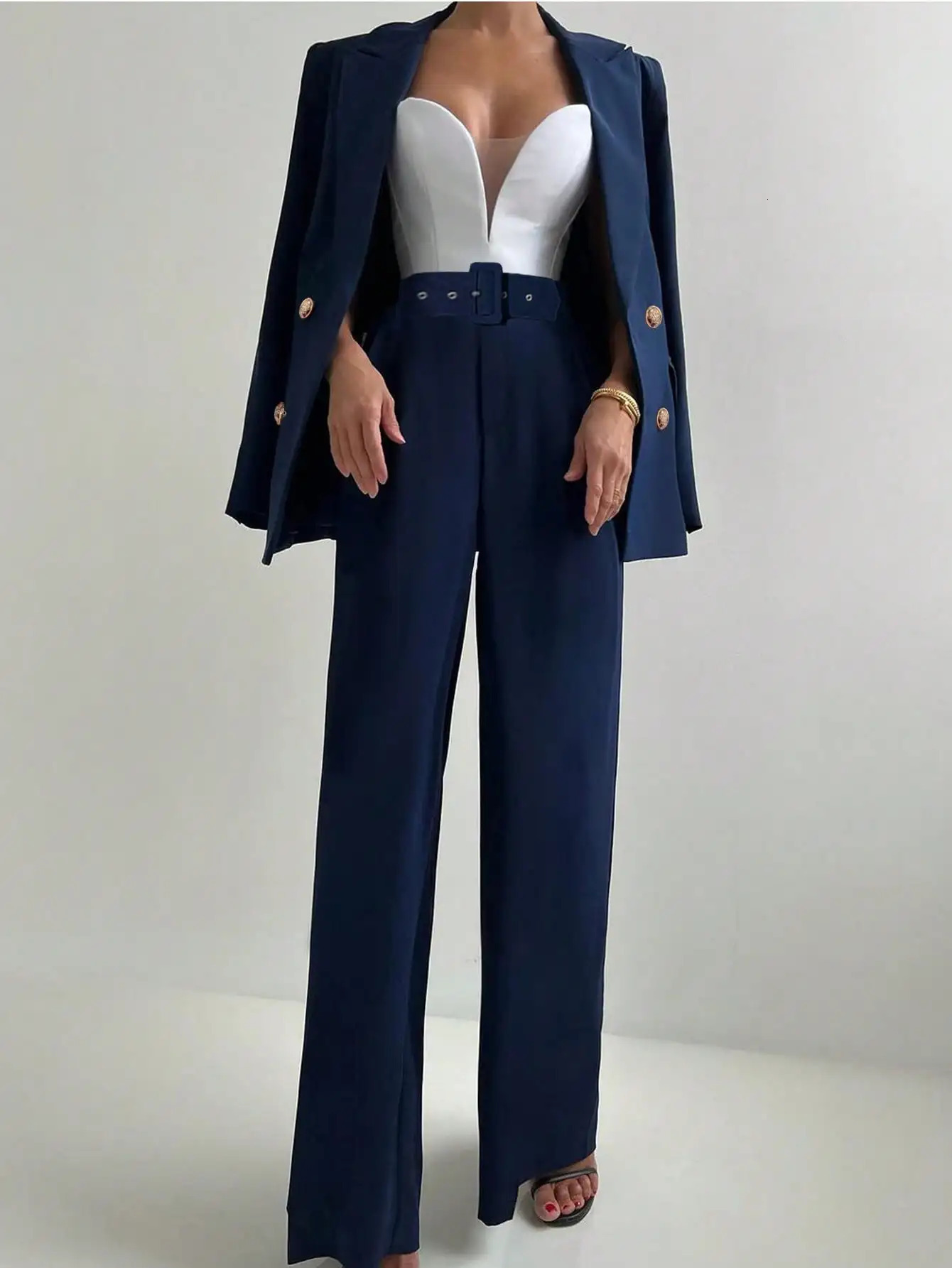 Womens 2piece waist belt double chest jacket and elastic straight leg pants set office wear business casual 250321