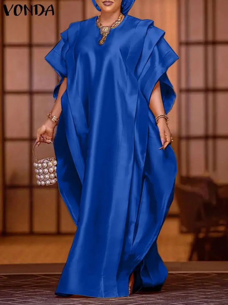 VONDA oversized womens long skirt elegant short sleeved pleated satin party dress casual loose solid color summer outfit 250320