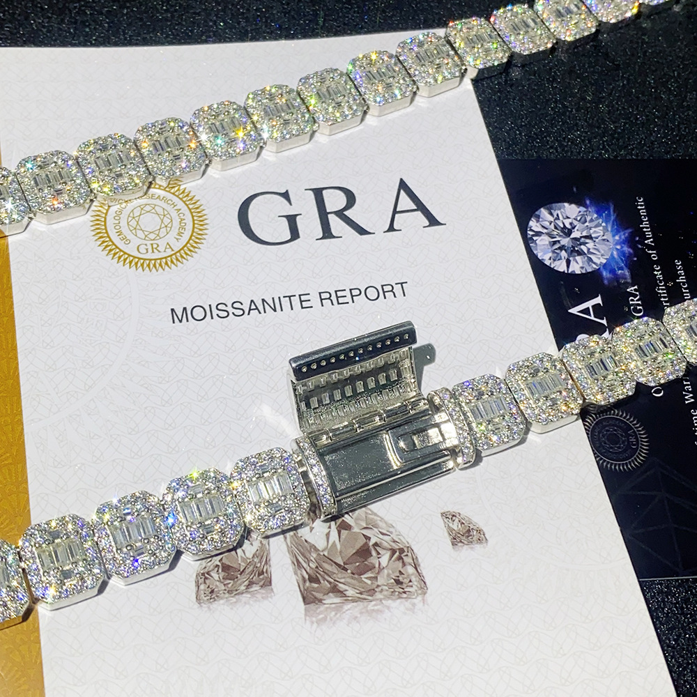 Hot selling 13mm ladder S925 silver inlaid moissanite Cuban chain hip-hop necklace bracelet