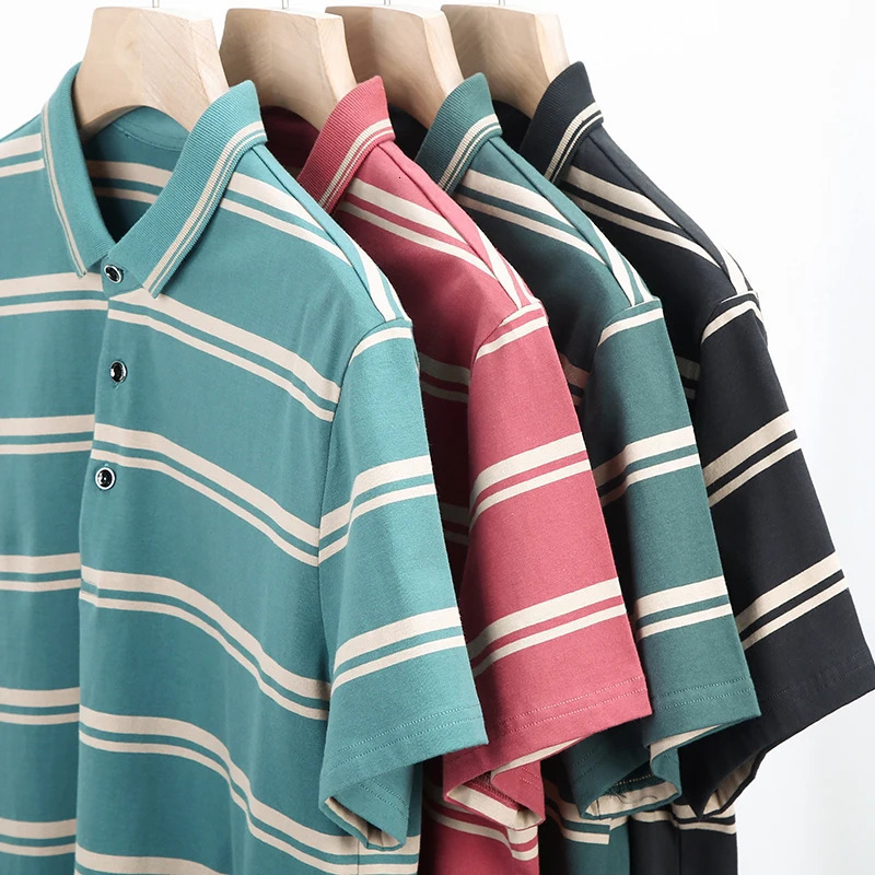 Summer mens polo shirt pure cotton short sleeved T-shirt thin striped business casual breathable pleated top 250321