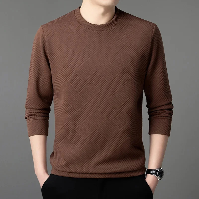 Spring and Autumn Mens Casual Jacquard Long sleeved Round Neck T-shirt Fashion Top 250409