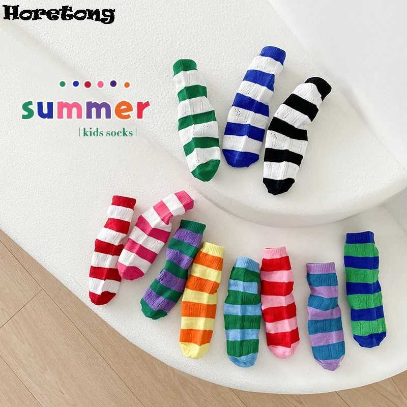 Horetong 3 pairs/batch summer childrens socks 1-12 years old for boys and girls baby cotton fashion breathable stripes contrasting color socks X250322