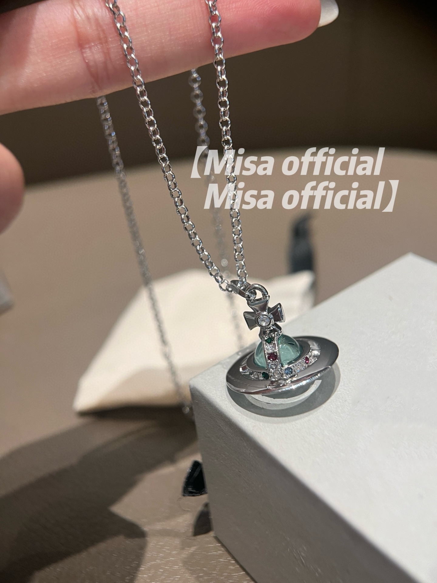 Misa Officail | Limited Edition Mint Green Medium Orb Stunning 3D Saturn Collarbone Necklace Layered For Spicy Girls