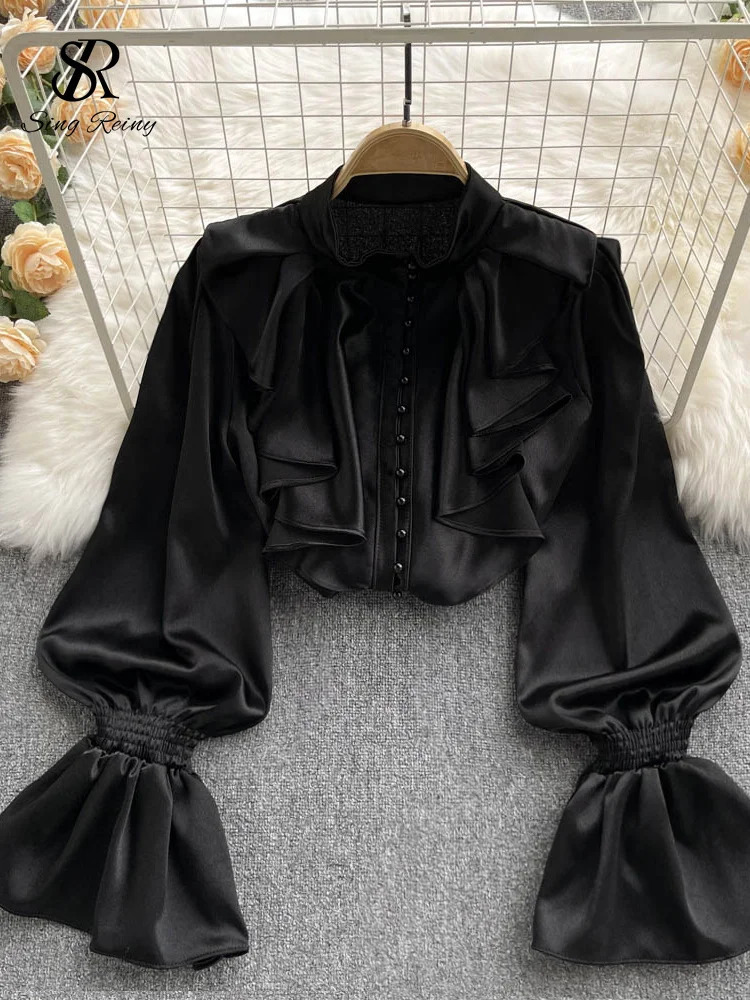 SINGREINY High Quality Satin Loose Shirt Long Flared Sleeves Ruffles O Neck Beading Women Gentle Office Lady Casual Blouse 250322