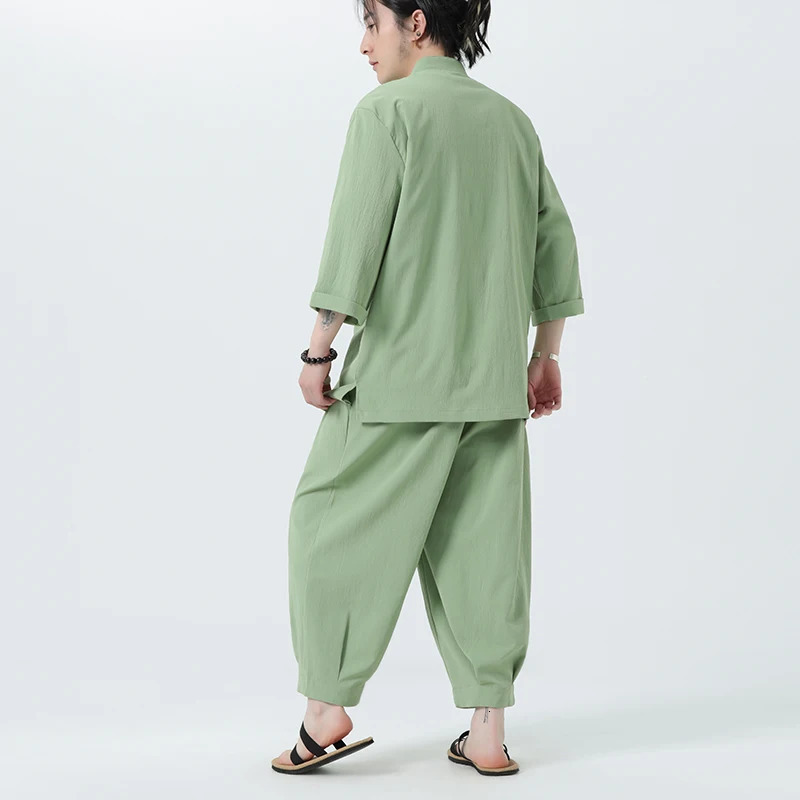 Summer cotton linen shirt set for mens casual outdoor 2-piece set and family clothing with pants 2-piece beach short sleeved set 250318