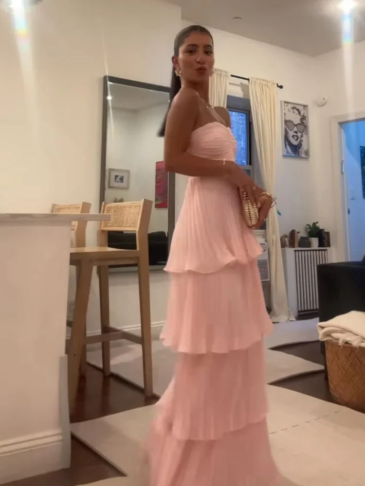 chic pink scarf long sleeved vest elegant strapless ultrathin pleated cake Maxi dress womens party club robe 250321