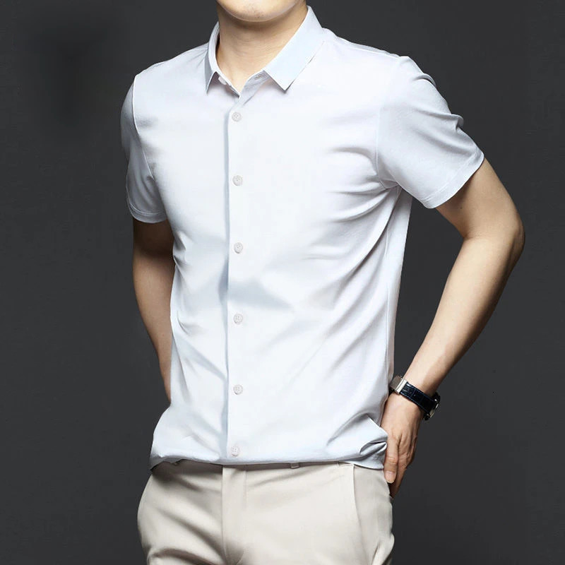 Spring Summer Mens Shirt Non-Ironing Anti-Wrinkle Business Casual Solid Color Smooth Business Short Sleeves Work Shirt 5XL 250417