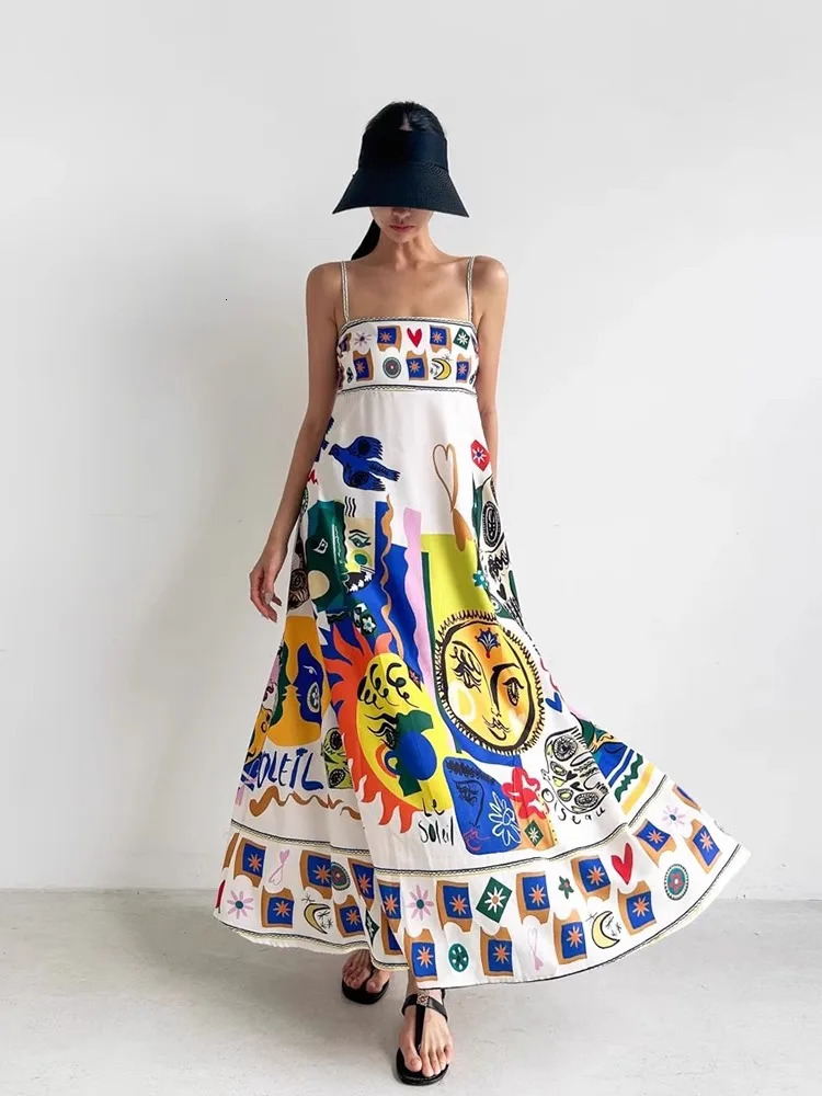 Retro Graffiti Printed Suspender Dress WomenS Summer Sense Of National Wind Tube Top Dress 250322