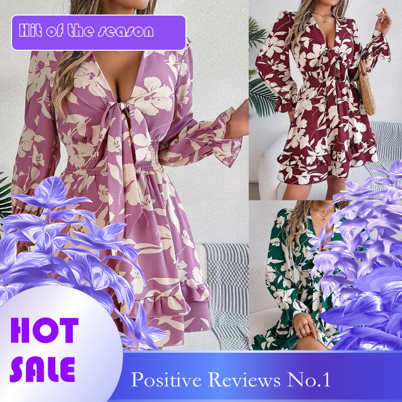 Dongdumaoyi Herfst Winter Casual Bloemen Stropdas Lange Mouwen Ruches Rand Damesmode Jurk C