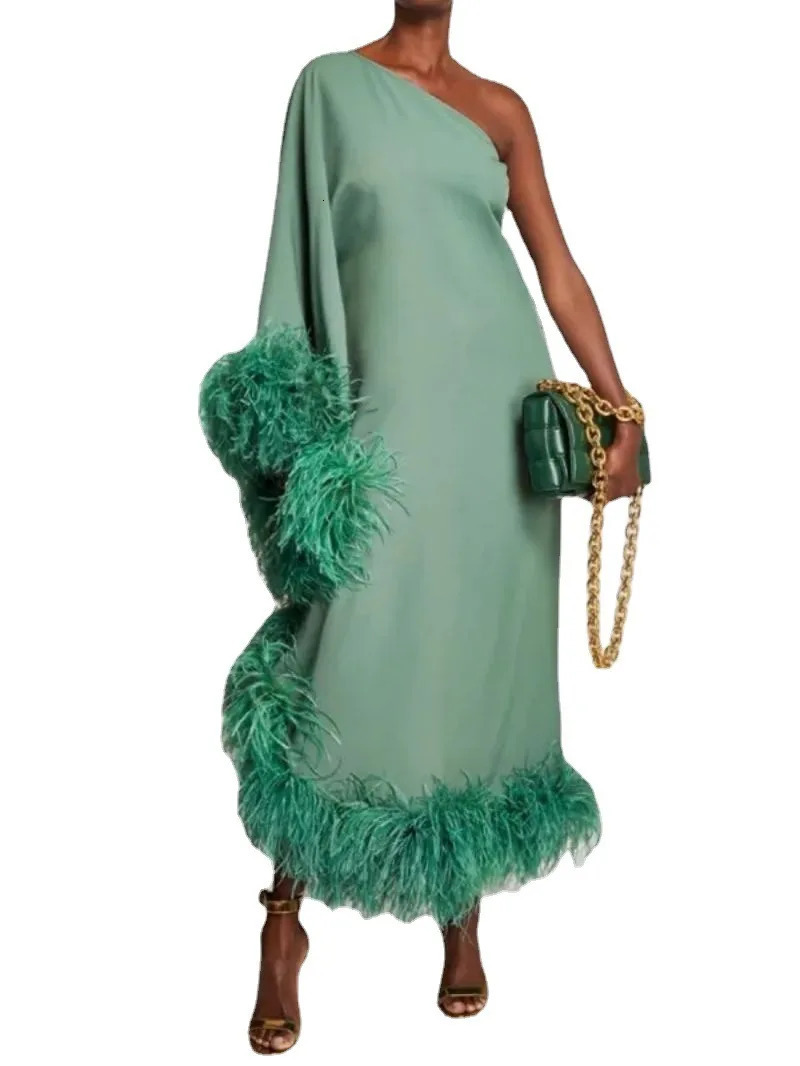 SpringSummer Womens Feather One Shoulder Large Swing Evening Dress 250321