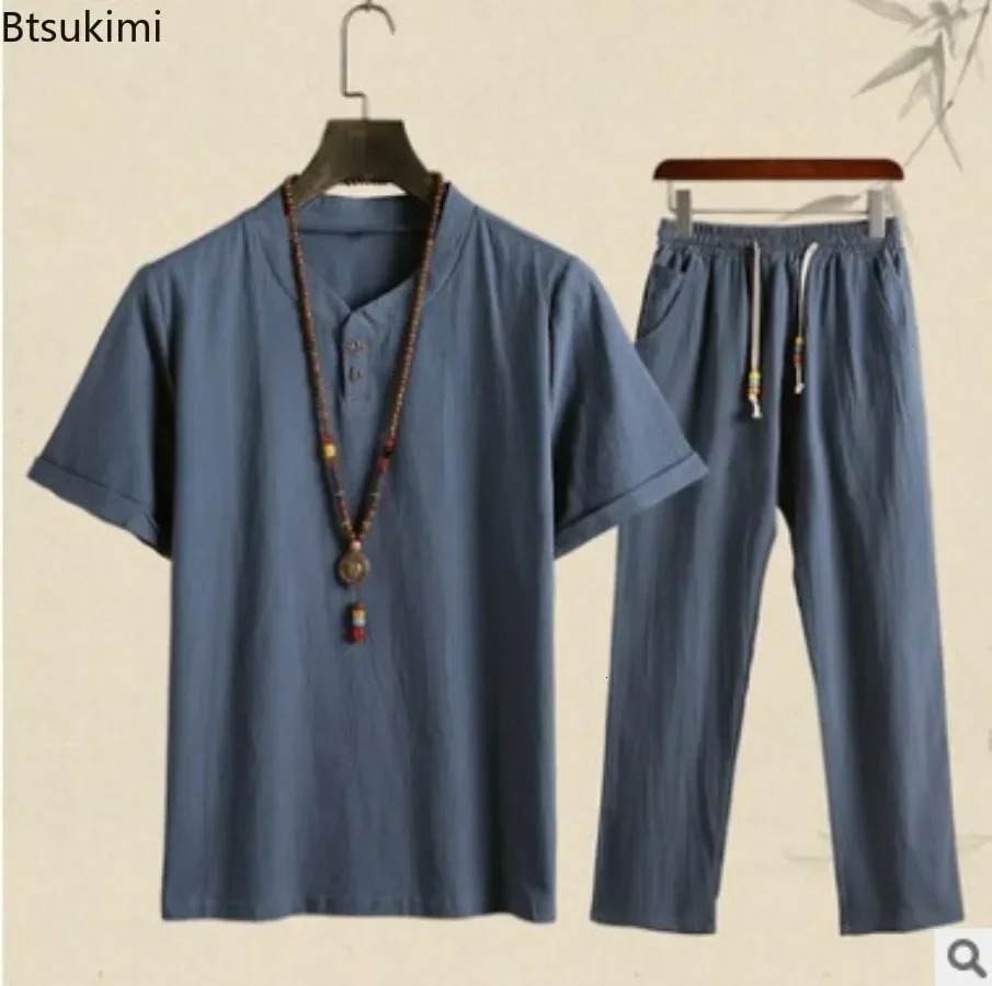 Mens Summer Chinese Style Sets Vintage Cotton Linen Short Sleeve V-neck Shirt and Pants Suit Sets Loose Casual Men Outfits 250318