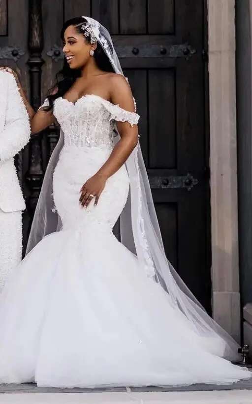 African White Mermaid Wedding Dresses For Bride Off Shoulder Beads Lace Bridal Gowns Vestido De Novia Customized BC18689