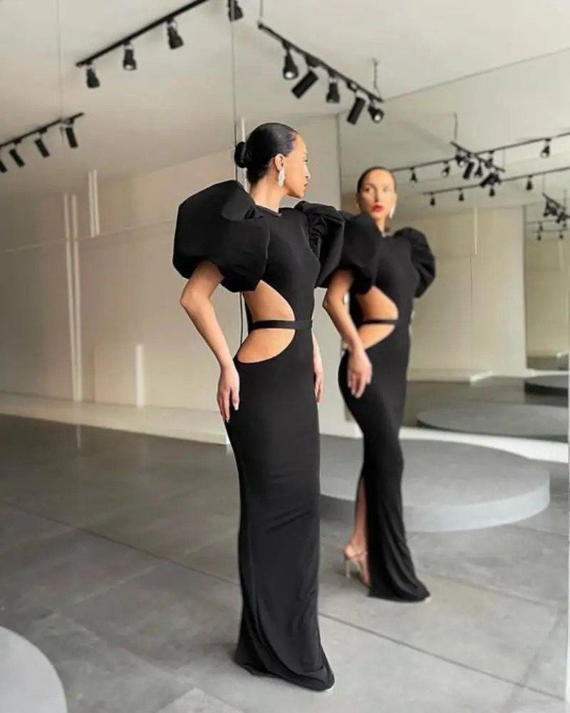 open back bow tie sexy long skirt bubble sleeve banquet evening dress hip slim 250320
