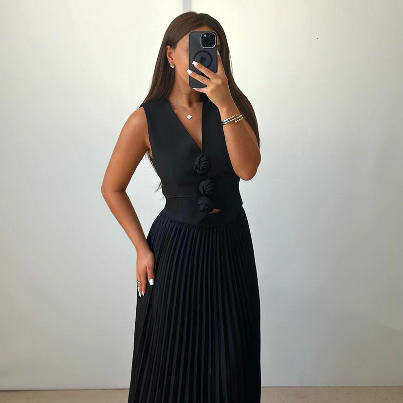 Summer Elegant Women Two Piece Skirt Set Sexy Y2K Sleeveless Floral Vest Top Shirt High Waist Pleated Maxi Skirt Suit Outfits 230606