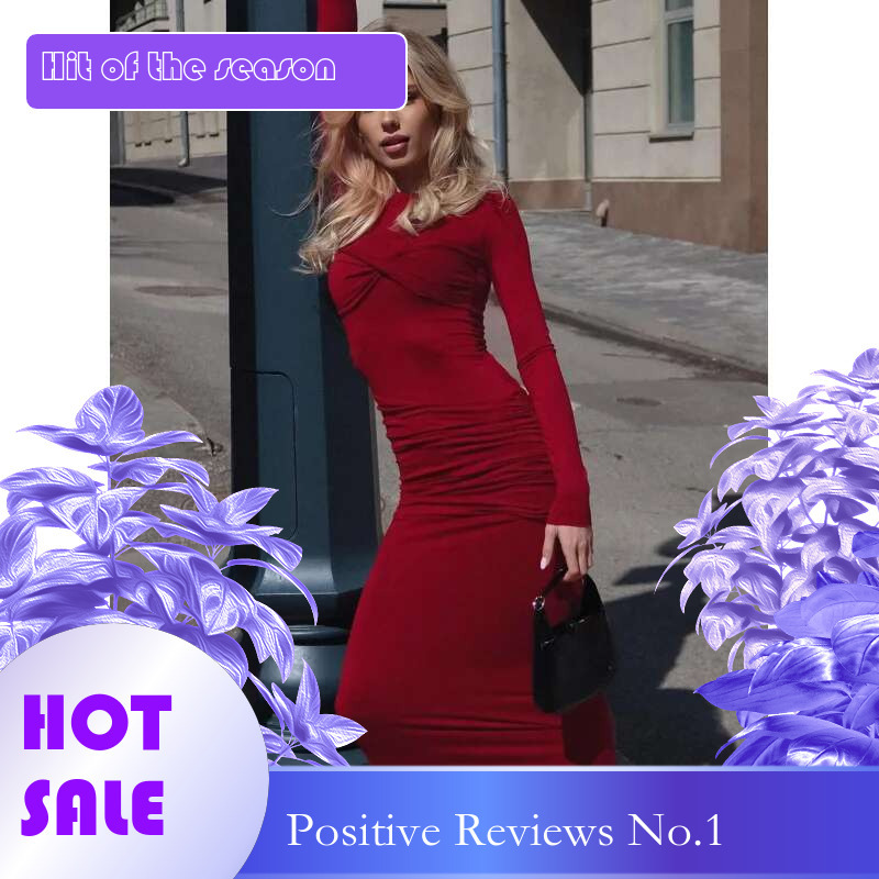 Dongdumaoyi Nieuwe Mode Sexy Slim Fit Ronde Hals Lange Mouwen Jurk Gesmokt Bodycon Effen Kleur C
