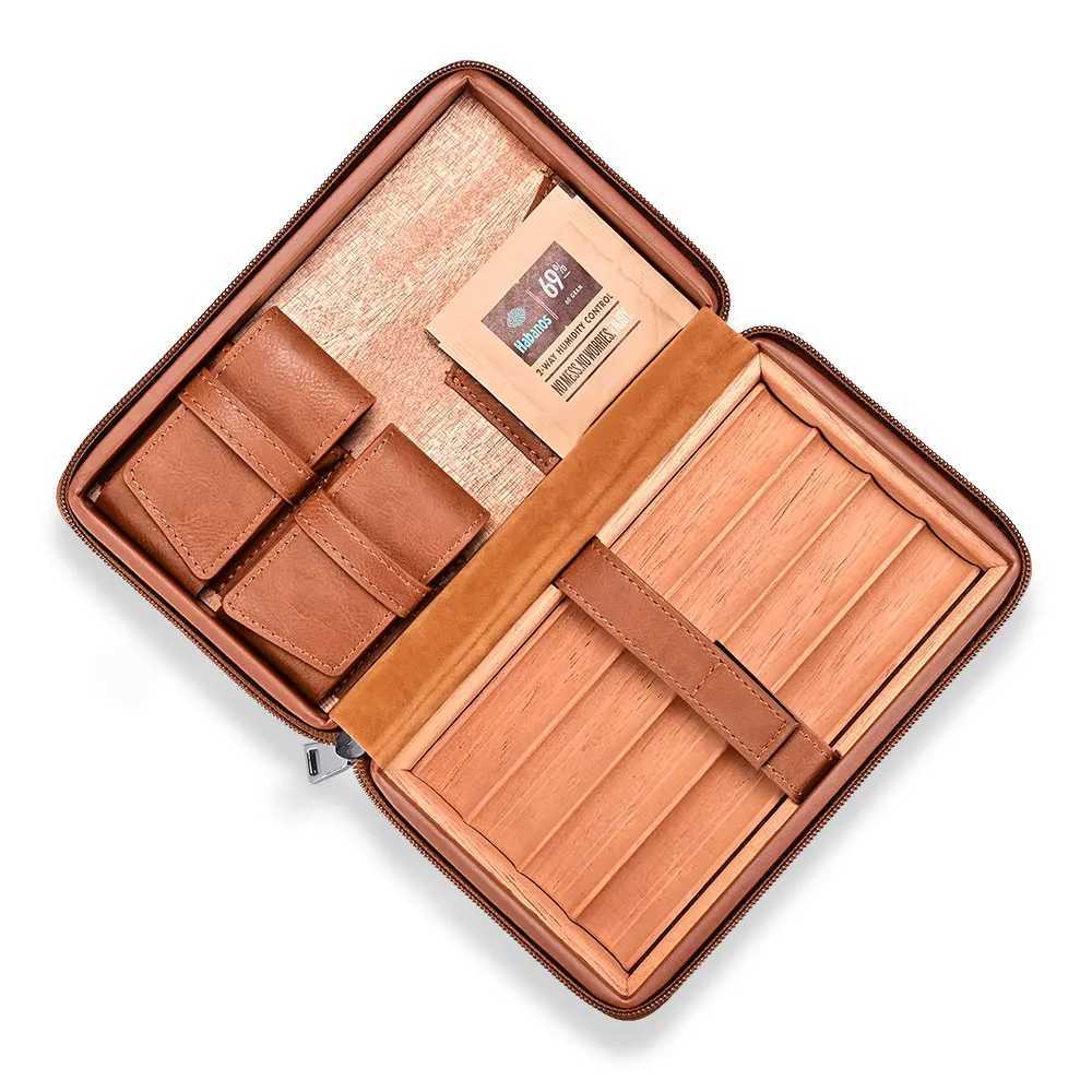 Portable Cigar Case Cow Leather Cedar Wood Smoking Set Cigar Humidor Lighter Cigar Cutter Moisturize Multifunction Gift BoxC250322