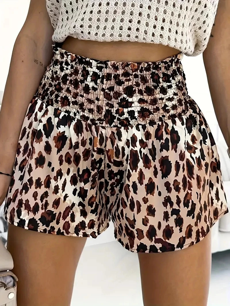 Spring and summer ladies leopard print high-waisted slacks casual stretch waist pull shorts 250322