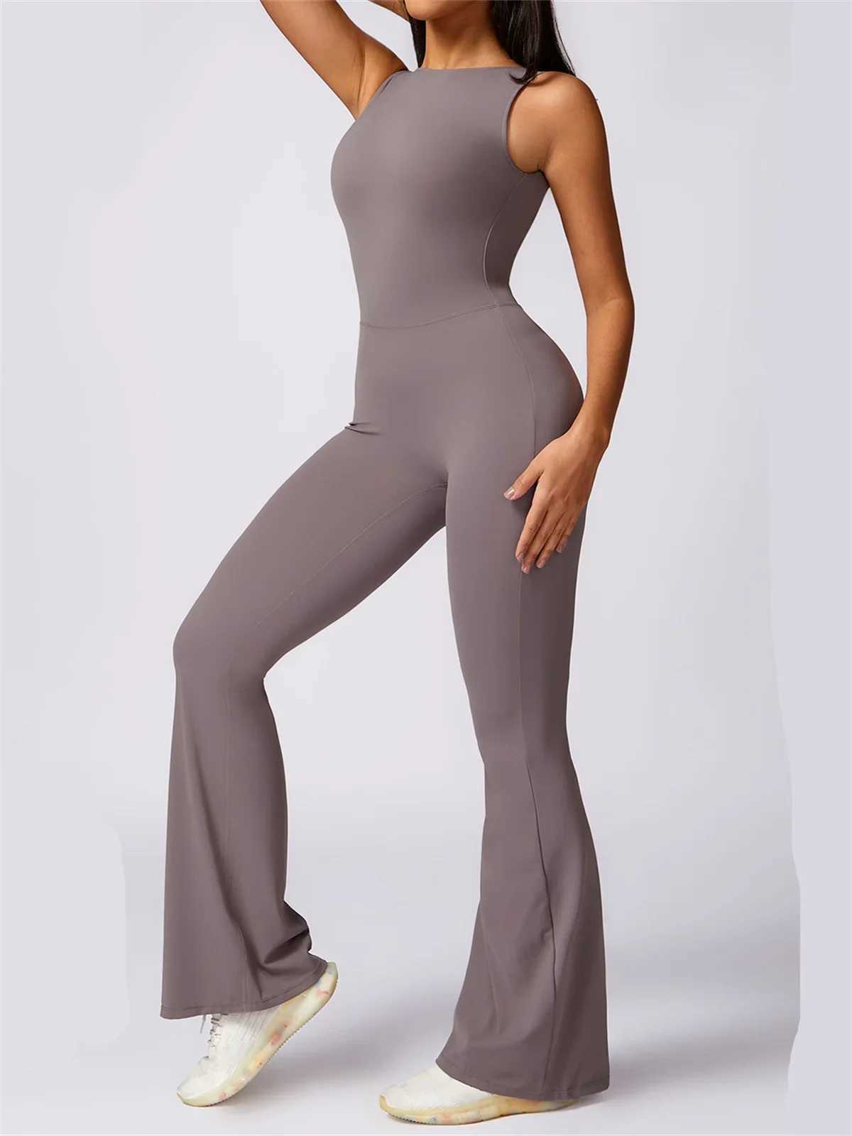 Hollow Out Backless One Piece Yoga Jumpsuit Women Sport Sleeveless Fitness Gym Suit Workout Exercise Skinny Flare BodysuitsXJ250322